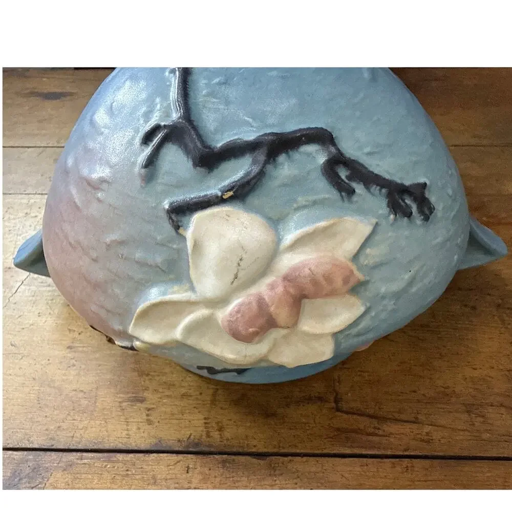 Roseville Pottery Vintage Blue Magnolia Hanging Basket Planter Floral Handles